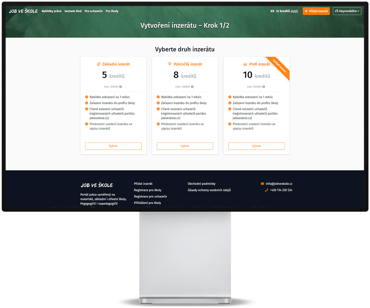 Example of tariff selection when inserting an advertisement