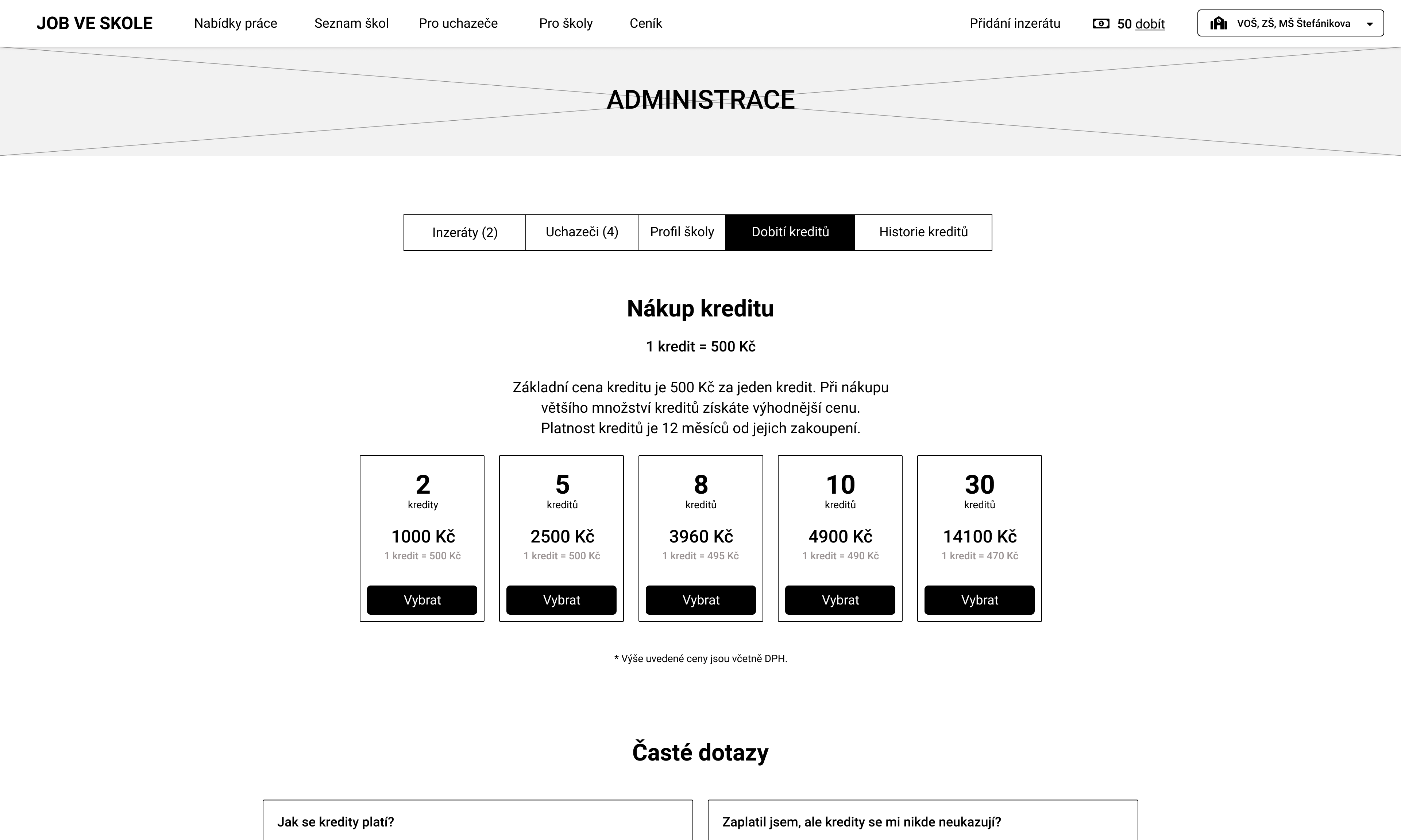 Wireframes administration for schools, credit top-up section