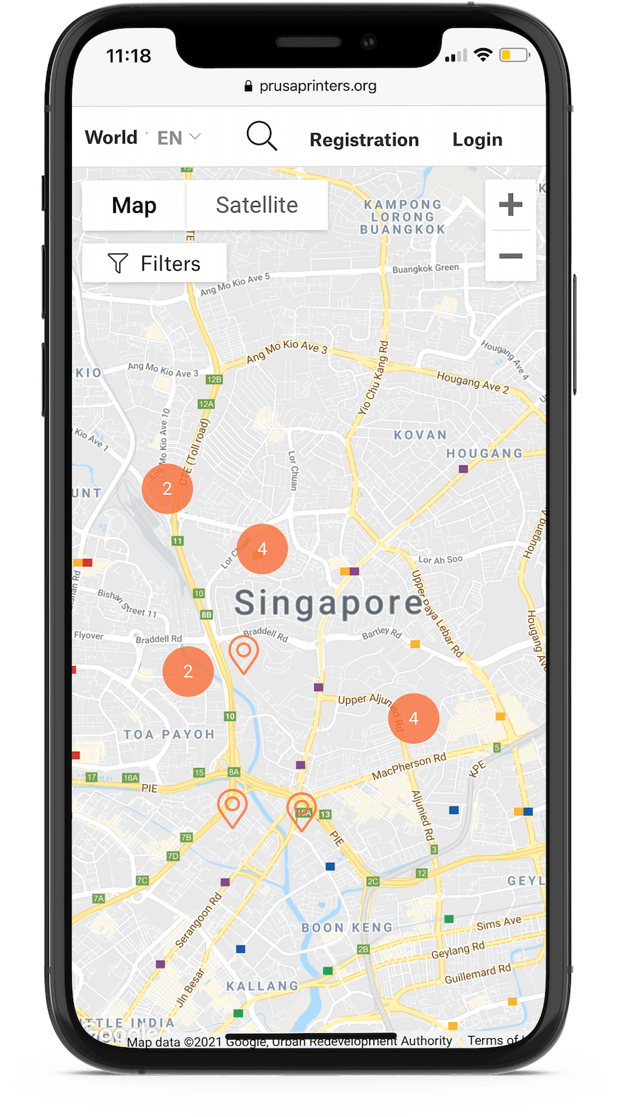 Mapa uživatelů portálu Prusaprinters.org v Singapuru.